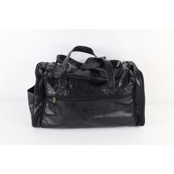 Vintage 90s Streetwear Distressed Leather Handled Duffel Bag Gym Bag Black